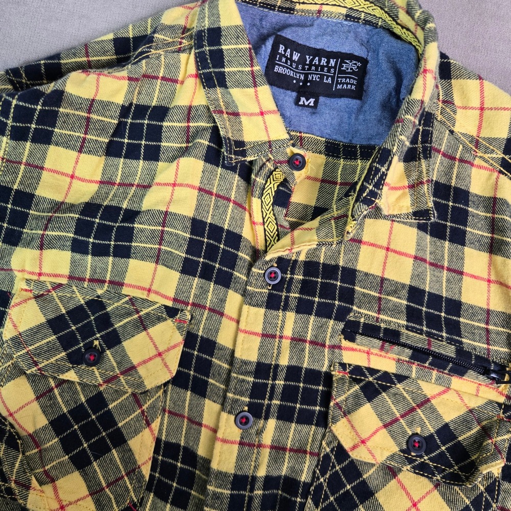 Raw Yarn Industries Mens Yellow Black Plaid Flannel Shirt Zipper Pocket Medium